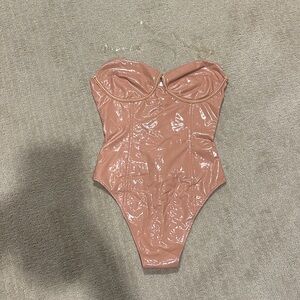Shiny Pleather Dark Pink Tan Bodysuit (clear straps included)